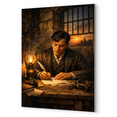 Jose Rizal in prison writing farewell metal print mockup