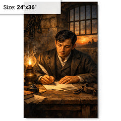 Jose Rizal in prison writing farewell metal print on a plain backdrop in size 24"x36".
