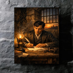 Jose Rizal in prison writing farewell metal print mockup