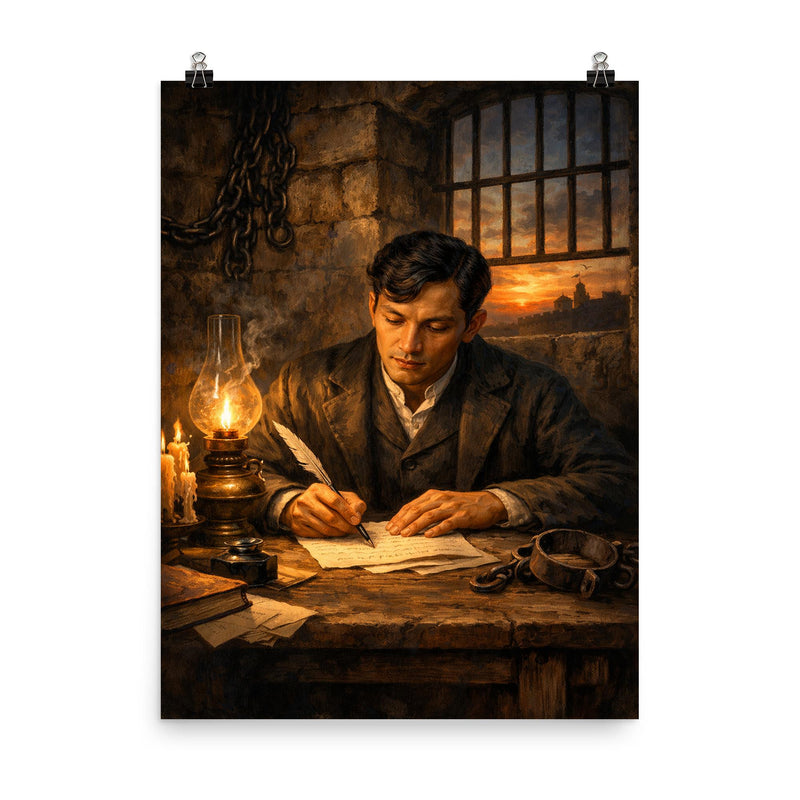 Jose Rizal in prison writing farewell poster on a plain backdrop in size 8