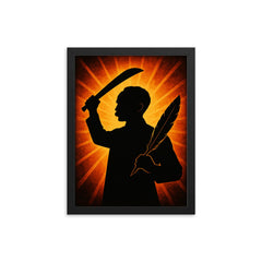 José Martí with quill and machete silhouette framed print on a plain backdrop in size 12"x16".