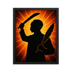 José Martí with quill and machete silhouette framed print on a plain backdrop in size 16"x20".