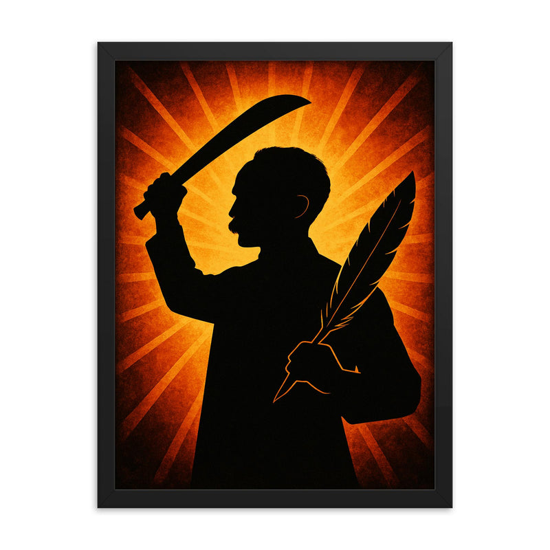 José Martí with quill and machete silhouette framed print on a plain backdrop in size 18