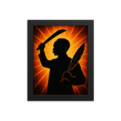 José Martí with quill and machete silhouette framed print on a plain backdrop in size 8"x10".