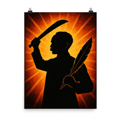 José Martí with quill and machete silhouette poster on a plain backdrop in size 8"x10".