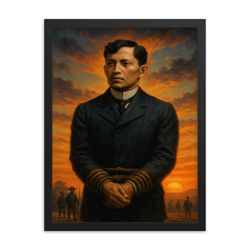 José Rizal before execution dawn framed print on a plain backdrop in size 18