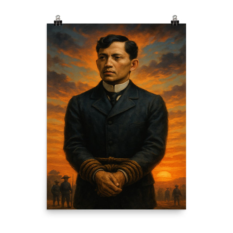 José Rizal before execution dawn poster on a plain backdrop in size 8