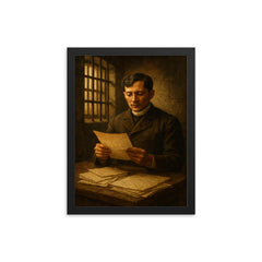 José Rizal in prison with manuscripts framed print on a plain backdrop in size 12"x16".