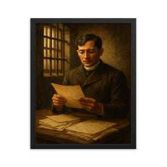 José Rizal in prison with manuscripts framed print on a plain backdrop in size 16"x20".