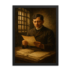José Rizal in prison with manuscripts framed print on a plain backdrop in size 18"x24".