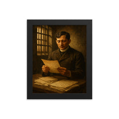 José Rizal in prison with manuscripts framed print on a plain backdrop in size 8"x10".