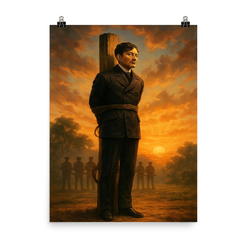 José Rizal under execution sunrise at Bagumbayan poster on a plain backdrop in size 8