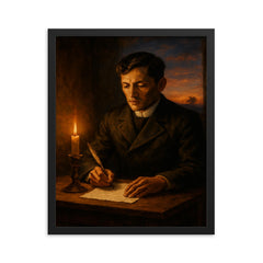 José Rizal writing before execution dawn framed print on a plain backdrop in size 16"x20".