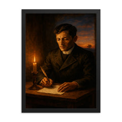 José Rizal writing before execution dawn framed print on a plain backdrop in size 18"x24".
