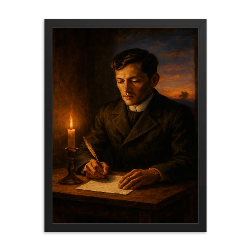 José Rizal writing before execution dawn framed print on a plain backdrop in size 18