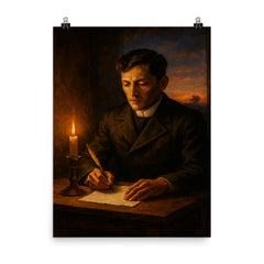 José Rizal writing before execution dawn poster on a plain backdrop in size 8"x10".