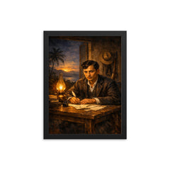 José Rizal writing by lamplight in exile framed print on a plain backdrop in size 12"x16".