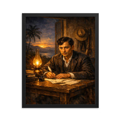 José Rizal writing by lamplight in exile framed print on a plain backdrop in size 16"x20".