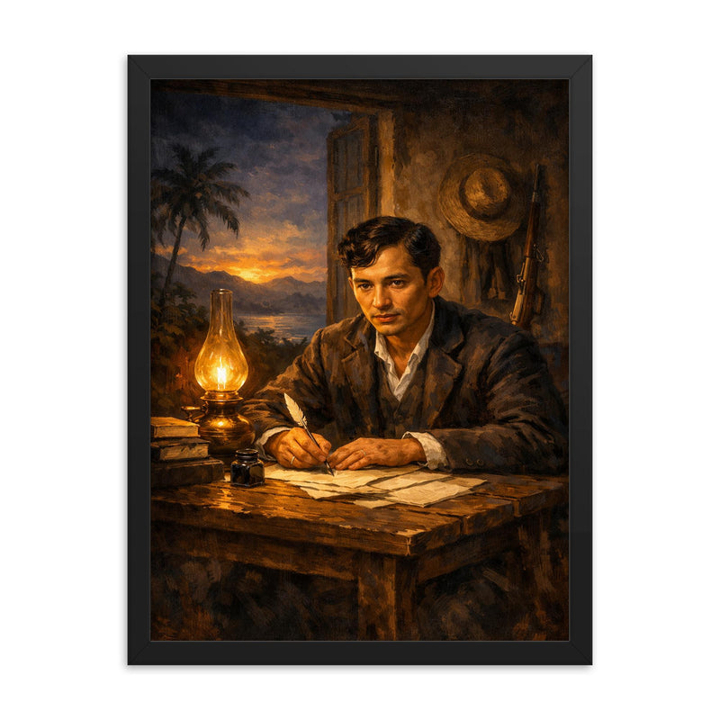 José Rizal writing by lamplight in exile framed print on a plain backdrop in size 18