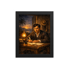 José Rizal writing by lamplight in exile framed print on a plain backdrop in size 8"x10".