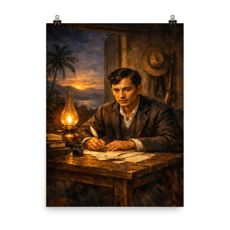 José Rizal writing by lamplight in exile poster on a plain backdrop in size 8