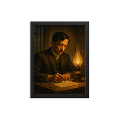 José Rizal writing by prison lamp before execution framed print on a plain backdrop in size 12"x16".