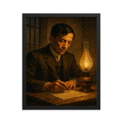 José Rizal writing by prison lamp before execution framed print on a plain backdrop in size 16"x20".