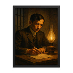 José Rizal writing by prison lamp before execution framed print on a plain backdrop in size 18"x24".