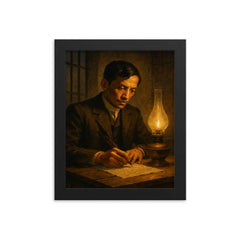 José Rizal writing by prison lamp before execution framed print on a plain backdrop in size 8"x10".