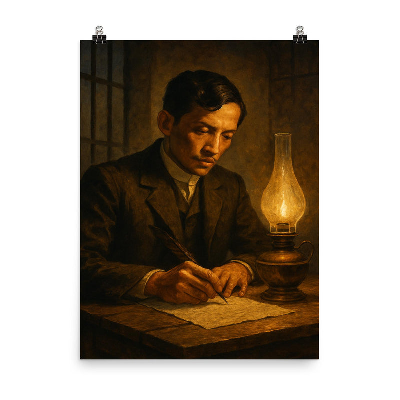 José Rizal writing by prison lamp before execution poster on a plain backdrop in size 8