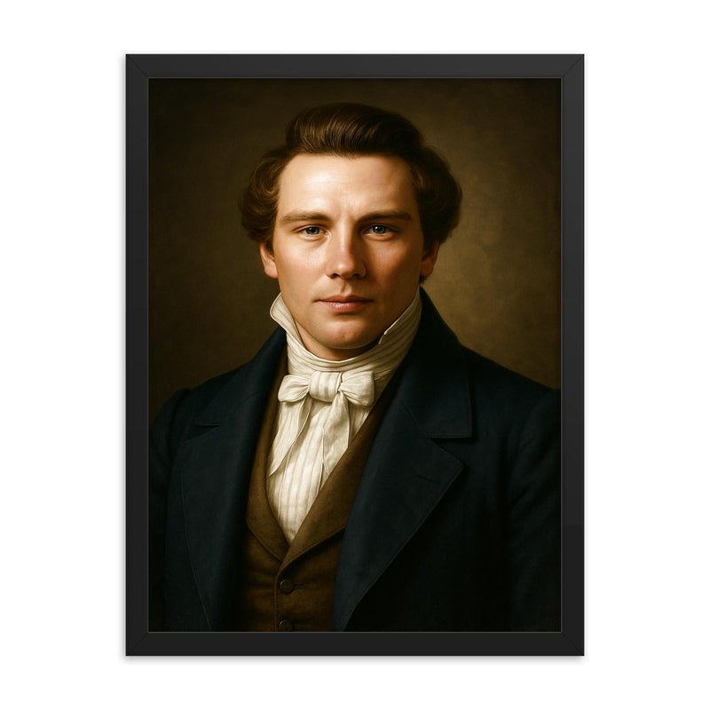 Joseph Smith portrait framed print on a plain backdrop in size 18