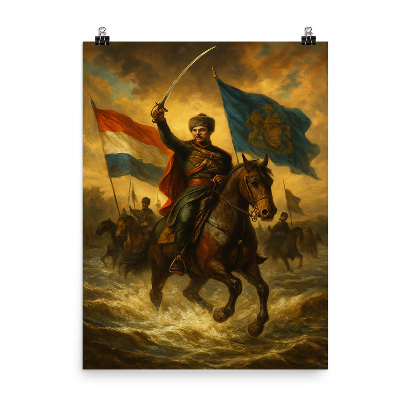 Josip Jelačić crossing the Drava with banners poster on a plain backdrop in size 8