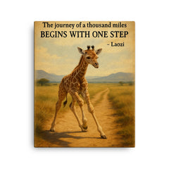 Journey of a thousand miles quote baby giraffe taking first step canvas print on a plain backdrop in size 16"x20".