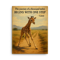 Journey of a thousand miles quote baby giraffe taking first step canvas print on a plain backdrop in size 18"x24".