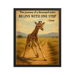 Journey of a thousand miles quote baby giraffe taking first step framed print on a plain backdrop in size 16"x20".