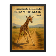 Journey of a thousand miles quote baby giraffe taking first step framed print on a plain backdrop in size 18"x24".