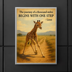 Journey of a thousand miles quote baby giraffe taking first step poster 5