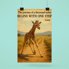 Journey of a thousand miles quote baby giraffe taking first step poster 6