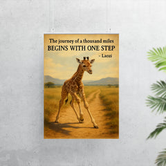 Journey of a thousand miles quote baby giraffe taking first step poster 7