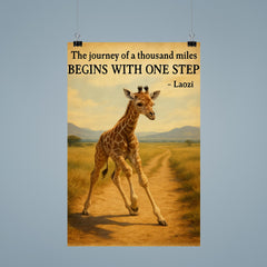 Journey of a thousand miles quote baby giraffe taking first step poster 9