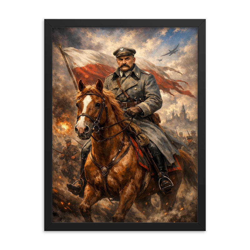Jozef Pilsudski astride his mare Kasztanka framed print on a plain backdrop in size 18