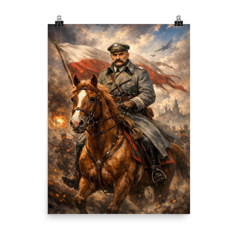 Jozef Pilsudski astride his mare Kasztanka poster on a plain backdrop in size 8