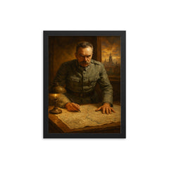 Jozef Pilsudski at Warsaw 1920 map table framed print on a plain backdrop in size 12"x16".