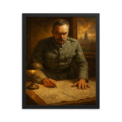 Jozef Pilsudski at Warsaw 1920 map table framed print on a plain backdrop in size 16"x20".