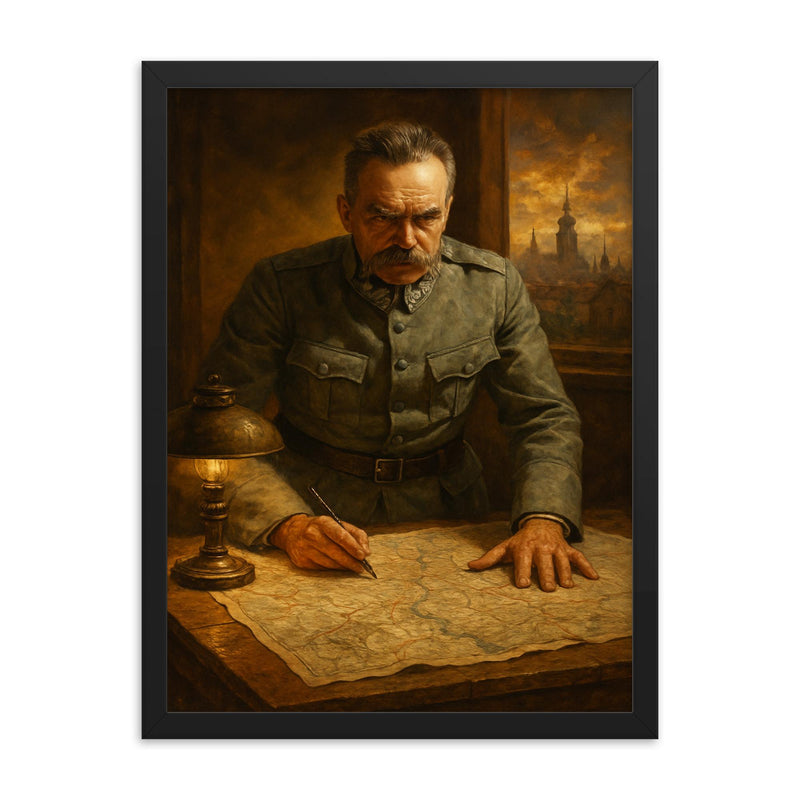 Jozef Pilsudski at Warsaw 1920 map table framed print on a plain backdrop in size 18
