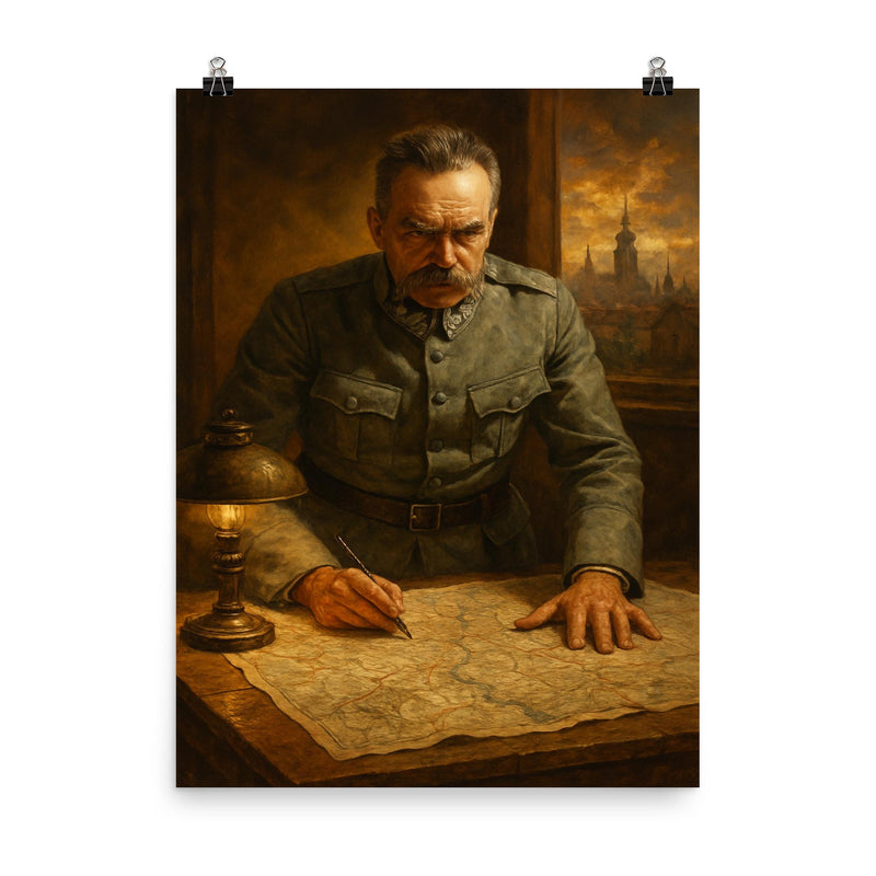 Jozef Pilsudski at Warsaw 1920 map table poster on a plain backdrop in size 8