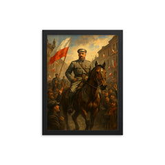Jozef Pilsudski entering Warsaw in 1918 framed print on a plain backdrop in size 12"x16".