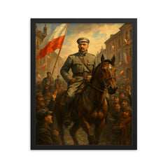Jozef Pilsudski entering Warsaw in 1918 framed print on a plain backdrop in size 16"x20".