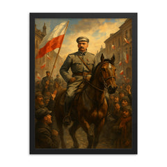 Jozef Pilsudski entering Warsaw in 1918 framed print on a plain backdrop in size 18"x24".