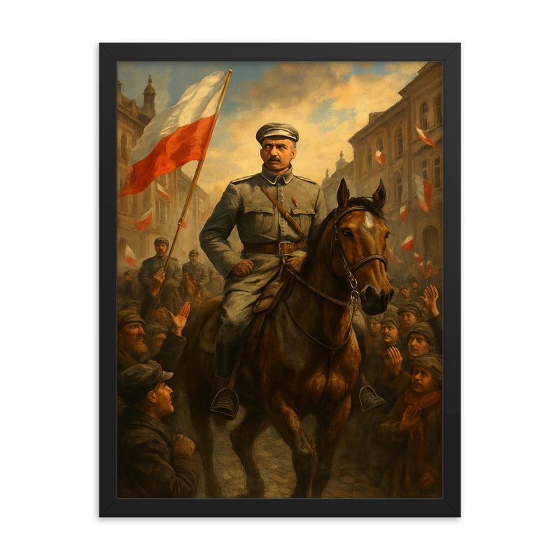 Jozef Pilsudski entering Warsaw in 1918 framed print on a plain backdrop in size 18